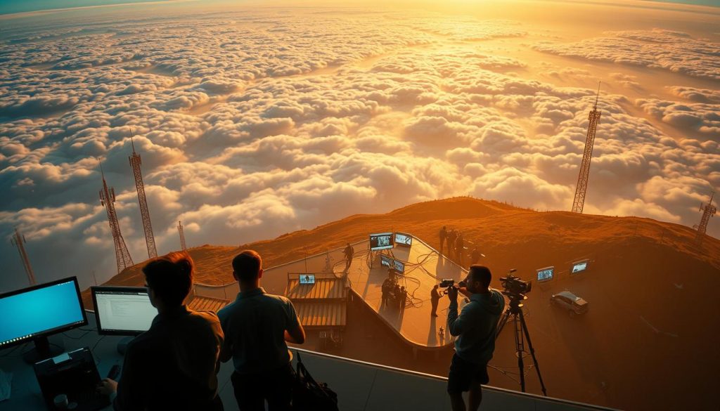 A breathtaking aerial view of Sky's diverse career opportunities, captured in a cinematic landscape. In the foreground, a team of professionals collaborating on cutting-edge technology, their silhouettes illuminated by the glow of computer screens. In the middle ground, a bustling hub of Sky's television production, cameras and crew members working in synchrony. The background is dominated by a sweeping vista of the sky, dotted with satellite dishes and communication towers, symbolizing the global reach and innovation that define Sky's industry-leading endeavors. The scene is bathed in warm, golden lighting, evoking a sense of ambition, dynamism, and the boundless possibilities that await those who embark on a Sky career.