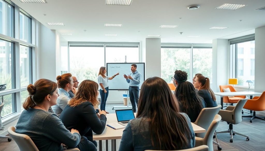 A bright, airy training facility with large windows letting in natural light. In the foreground, a group of diverse trainees engaged in an interactive workshop, their faces animated as they collaborate on a task. In the middle ground, an instructor guiding the session, using a digital whiteboard to illustrate key concepts. The background features modern, ergonomic furniture and accents of the CO-OP brand colors, creating a professional yet welcoming atmosphere. The lighting is soft and even, highlighting the energy and focus of the learning environment.