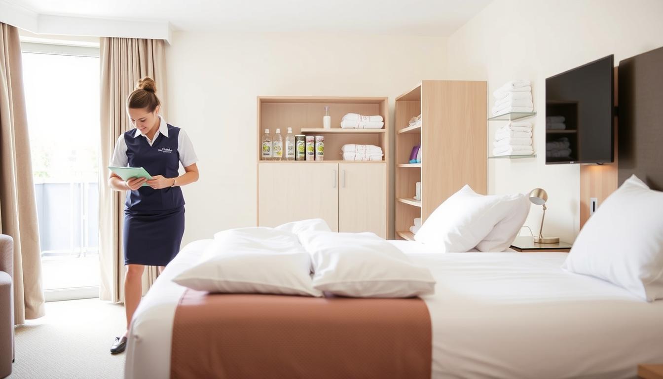 A bright and well-lit hotel housekeeping suite, showcasing the Premier Inn brand. In the foreground, a hotel housekeeper in a crisp uniform diligently making a bed, fluffing pillows and ensuring pristine linens. In the middle ground, shelves stocked with cleaning supplies and neatly folded towels, conveying a sense of organization and efficiency. The background features a window overlooking the hotel's exterior, allowing natural light to fill the space and creating a welcoming, inviting atmosphere. The overall scene captures the professionalism and attention to detail that define the Premier Inn housekeeping experience.