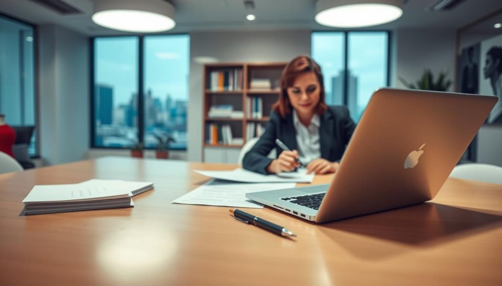 A bright, modern office interior with a prominent desk in the foreground. On the desk, a laptop, a stack of documents, and a pen. In the middle ground, a person in business attire sitting at the desk, filling out an application form. The background features a bookshelf, a window overlooking a cityscape, and soft, diffused lighting from overhead fixtures. The overall scene conveys a professional, focused atmosphere, inviting the viewer to imagine themselves in the process of applying for a TK Maxx store role.