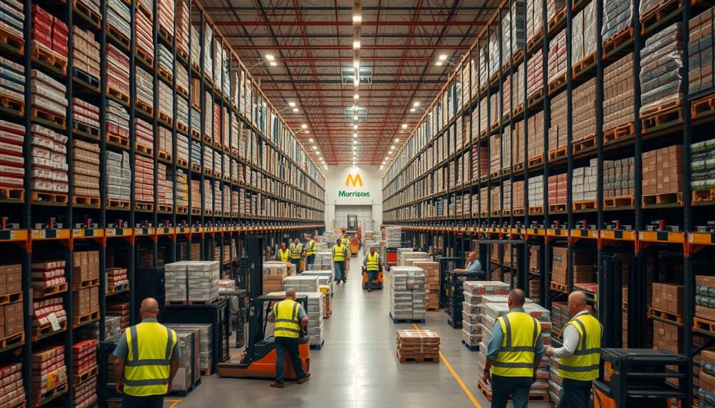A bustling Morrisons warehouse, bathed in the warm glow of industrial lighting. Rows of towering shelves filled with neatly stacked products, conveyor belts transporting goods, and forklift operators deftly navigating the organized chaos. In the foreground, workers in high-visibility vests efficiently load and unload shipments, ensuring the seamless flow of Morrisons' logistics. The scene captures the hustle and precision required to support the retail giant's operations, showcasing the critical role of the warehouse in Morrisons' success.