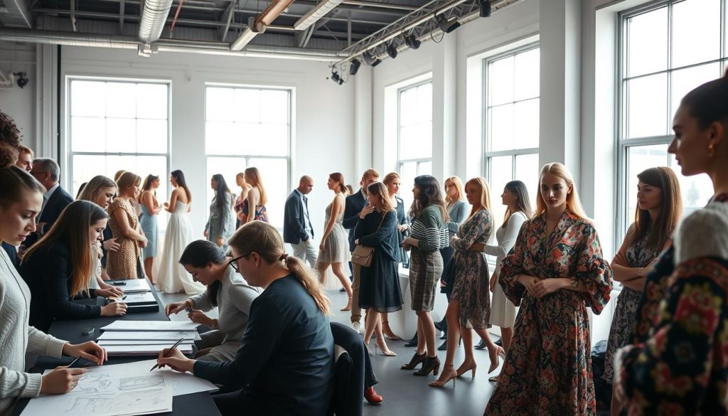 A bustling fashion studio with models showcasing the latest trends. In the foreground, a group of fashion designers poring over sketches and swatches, their faces illuminated by the soft, natural light from large windows. In the middle ground, stylists and makeup artists putting the finishing touches on the models, their expressions focused and intent. In the background, a team of fashion coordinators and merchandisers discussing upcoming collections, their bodies moving with a sense of purpose. The atmosphere is one of creativity, collaboration, and a shared passion for the industry. The image is captured with a wide-angle lens, giving a sense of depth and immersion, as if the viewer is standing right in the middle of the action.