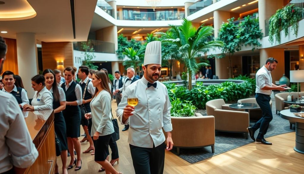 A bustling hospitality scene in the UK, captured with a wide-angle lens and warm, natural lighting. In the foreground, a team of friendly hotel staff greet guests at the reception desk, their uniforms crisp and professional. In the middle ground, a chef in a pristine white uniform prepares gourmet dishes in a well-equipped kitchen, while a server carries a tray of cocktails through a cozy dining area. In the background, a panoramic view of a modern, architecturally striking hotel lobby, with plush seating and lush greenery creating a welcoming ambiance. The overall atmosphere conveys the vibrant, diverse, and rewarding nature of hospitality careers in the UK.
