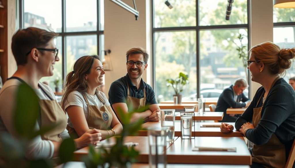 A cozy café interior with a warm, welcoming ambiance. The foreground features a group of smiling Pret A Manger employees engaging in friendly conversation, conveying a sense of camaraderie and work-life balance. The middle ground showcases the café's modern and minimalist design, with clean lines, natural wood accents, and ample natural lighting streaming through large windows. In the background, a vibrant and verdant cityscape is visible, hinting at the urban setting of the café. The overall scene radiates a harmonious blend of productivity, relaxation, and a healthy work environment.