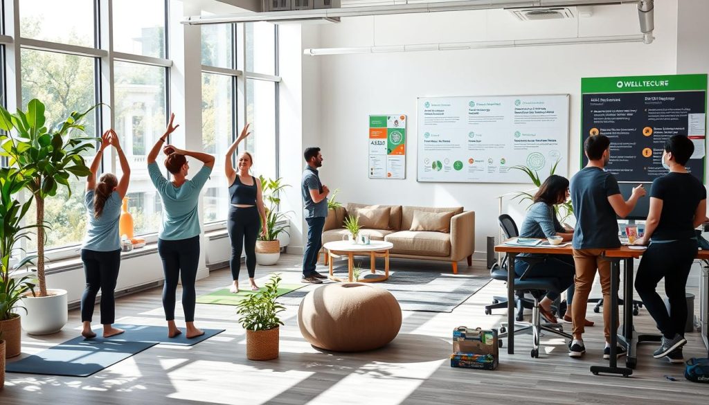 A modern, airy office space with natural light filtering in through large windows. In the foreground, ASDA employees engaged in various wellness activities - a group yoga session, a healthy cooking demonstration, and a standing desk workstation. The middle ground features an inviting lounge area with comfortable seating and greenery, where staff can relax and recharge. In the background, a bulletin board displays information on ASDA's comprehensive employee well-being initiatives, including mental health support, fitness challenges, and work-life balance programs. The overall atmosphere exudes a sense of balance, productivity, and care for the company's most valuable asset - its people.