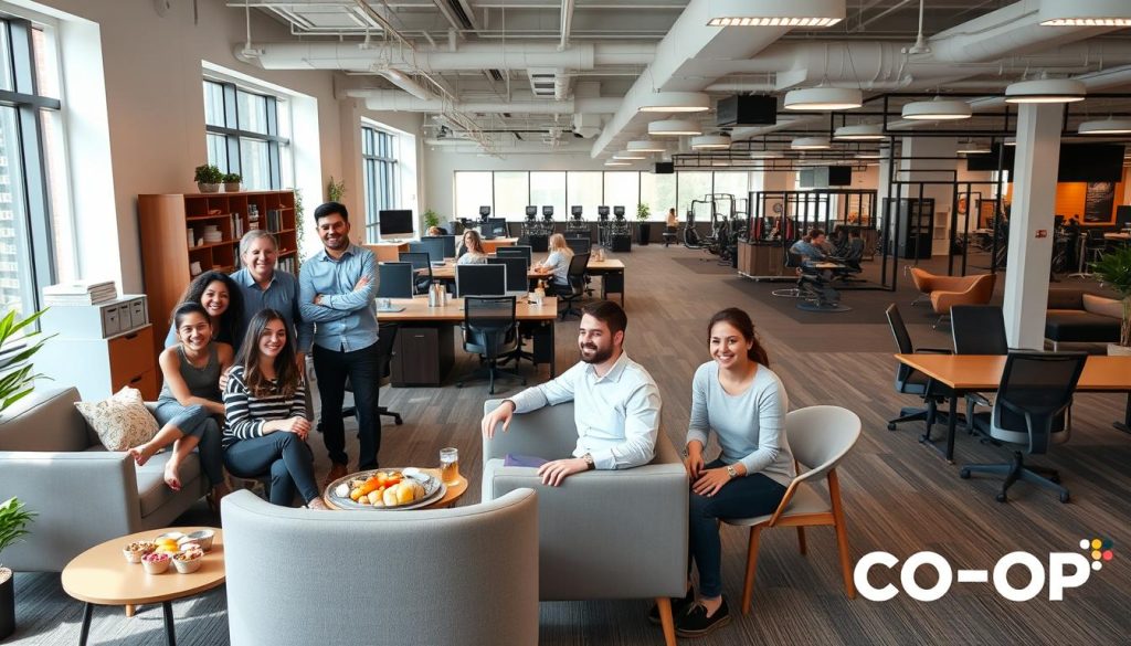 A modern and inviting office space showcasing the attractive employee benefits offered by CO-OP. In the foreground, a group of cheerful employees enjoying a well-stocked break room with comfortable furniture, a coffee bar, and fresh snacks. The middle ground features an open-plan workspace with ergonomic desks, adjustable chairs, and ample natural lighting from large windows. In the background, a state-of-the-art gym and recreational area with exercise equipment, a yoga studio, and a game lounge, highlighting CO-OP's commitment to employee wellbeing. The overall scene conveys a vibrant, collaborative, and employee-centric work environment.
