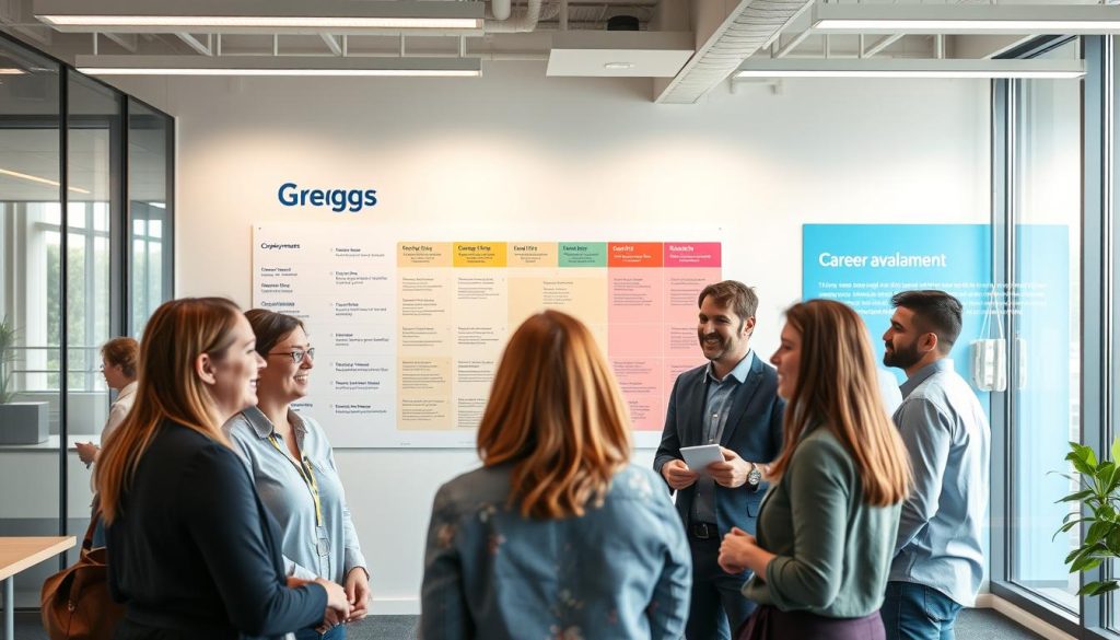 A modern office interior, bright and airy, with natural light streaming through large windows. In the foreground, a group of Greggs employees engaged in a lively discussion, their faces animated as they discuss career advancement opportunities. The middle ground features a career progression chart, with various job titles and pathways highlighted. In the background, a wall display showcases the company's values and commitment to employee development. The overall atmosphere conveys a sense of growth, collaboration, and a vibrant company culture that fosters professional growth.