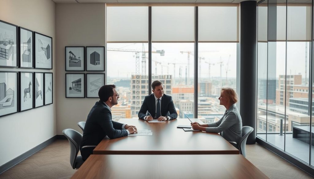 A modern office interior with a formal meeting table in the foreground. Three individuals sit around the table, engaged in a professional discussion. Soft, diffused lighting creates a warm, inviting atmosphere. The middle ground features an array of framed architectural renderings and construction plans on the walls, hinting at the company's focus on building projects. In the background, a large window overlooking a bustling construction site, with cranes and scaffolding visible in the distance, establishing the context of a Balfour Beatty construction job interview. The overall scene conveys a sense of professionalism, collaboration, and the company's expertise in the construction industry.