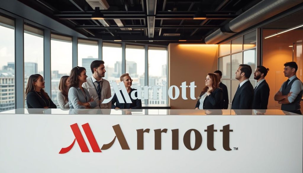 A modern office interior with a view of the London skyline through large windows. In the foreground, a group of Marriott employees engaged in a collaborative meeting, their faces filled with enthusiasm and a sense of purpose. The middle ground features a sleek, minimalist reception area with the Marriott logo prominently displayed. The background is bathed in warm, natural lighting, creating a inviting and professional atmosphere. The overall scene conveys the dynamic, forward-thinking culture of Marriott's UK operations, inspiring viewers to explore the exciting career opportunities available.