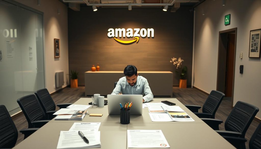 A modern office setting with a large desk at the center, showcasing the job application process for Amazon roles. The foreground features a person sitting at the desk, carefully reviewing and filling out application forms on a laptop. The middle ground depicts various supporting materials such as informational brochures, checklists, and a pen holder. The background showcases a wall adorned with the Amazon logo and subtle office decor, conveying a professional and organized atmosphere. The lighting is soft and diffused, creating a warm, inviting ambiance. The overall composition suggests a meticulously designed and streamlined application experience.