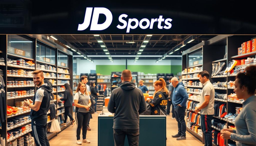 A modern retail storefront showcasing the diverse job roles at JD Sports. In the foreground, a team of enthusiastic sales associates assist customers, dressed in the brand's iconic sportswear. In the middle ground, stock room employees meticulously organize and maintain the shelves, ensuring a well-stocked and visually appealing store. In the background, a manager oversees operations, communicating with the team and monitoring inventory levels. The scene is bathed in warm, natural lighting, creating a welcoming and dynamic atmosphere. The overall impression conveys the energy, teamwork, and attention to detail that are hallmarks of the JD Sports brand.