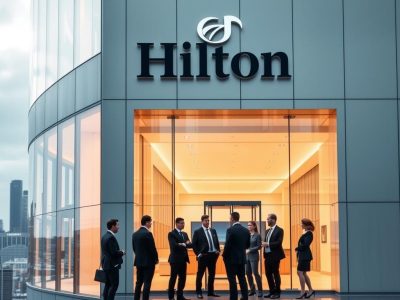 A modern, sleek office building with the Hilton logo prominently displayed on the facade. The building is set against a backdrop of a bustling city skyline, with skyscrapers and cranes in the distance. The entrance is framed by glass walls, allowing a glimpse of the well-lit, minimalist interior. The lighting is warm and inviting, creating a welcoming atmosphere. In the foreground, a group of smartly dressed professionals are engaged in conversation, suggesting the vibrant, collaborative nature of the workplace. The overall impression is one of professionalism, opportunity, and the global reach of the Hilton brand.
