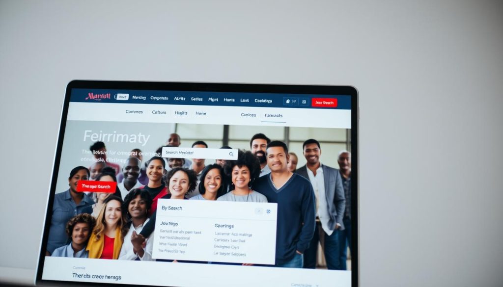 A modern, well-designed Marriott careers website with a clean and intuitive layout. The foreground features a large, high-quality hero image showcasing a diverse group of Marriott employees, capturing the company's commitment to inclusivity. The middle ground displays prominent job search functionality, allowing users to easily browse and apply for openings in their local area. The background has a subtle pattern or texture that reinforces Marriott's professional branding. The overall scene is well-lit, with soft, directional lighting that creates depth and highlights key elements. The angle is slightly elevated, providing an engaging and inviting perspective for the viewer.