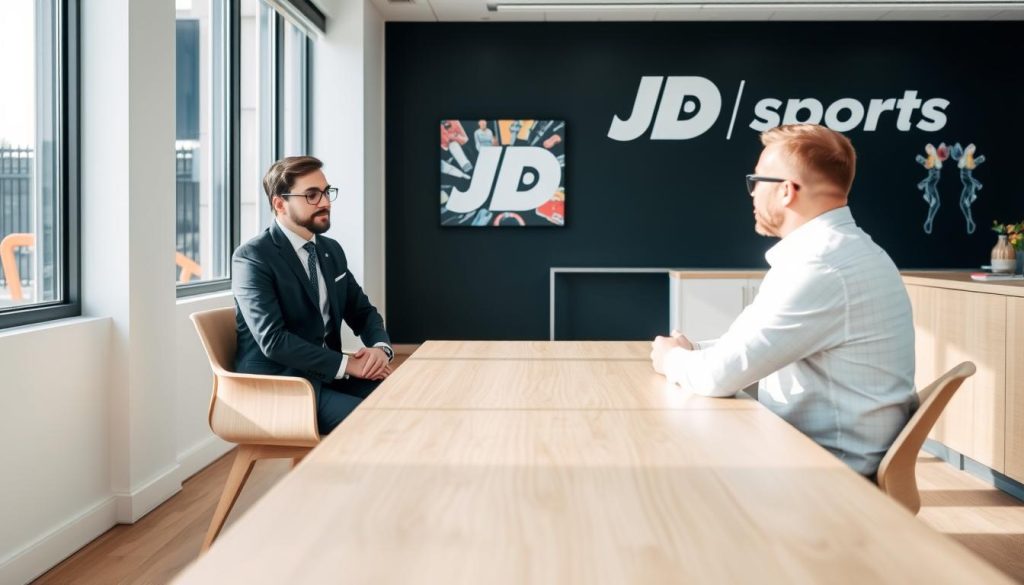 A modern, well-lit office setting with a sleek, minimalist aesthetic. In the foreground, a recruiter sits across a minimalist wooden table, engaged in an interview with a candidate. The candidate appears poised and professional, dressed in smart business attire. In the background, a large window provides natural lighting, creating a sense of openness and transparency. The walls are adorned with JD Sports branding and artwork, conveying the company's vibrant, athletic brand identity. The overall atmosphere is one of collaborative, yet focused, professionalism.