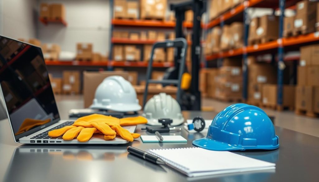 A neatly organized workspace with various work tools and equipment laid out on a sleek, modern desk. In the foreground, a laptop, a pen, and a notepad symbolize skills in technology, communication, and organization. In the middle ground, a pair of safety gloves, a hard hat, and a forklift key represent practical hands-on skills and qualifications required for warehouse and retail jobs. The background features shelves stocked with boxes, suggesting the need for inventory management and logistics expertise. The lighting is soft and inviting, creating a professional and productive atmosphere. The overall composition conveys the diverse range of skills and qualifications necessary for success in the next generation of UK careers in retail and warehouse settings.