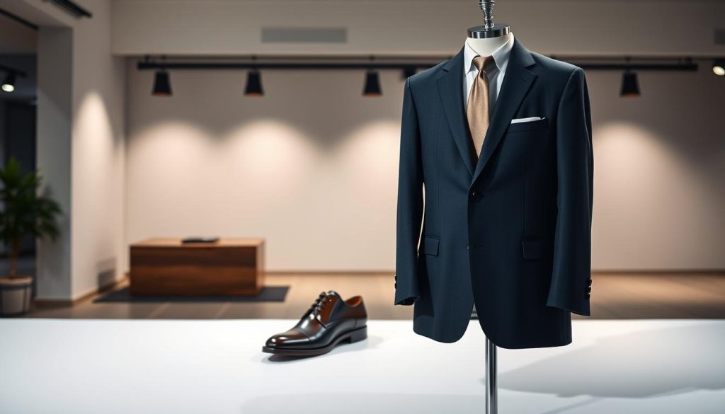 A professional, well-lit photograph of a formal business attire displayed on a modern, minimalist backdrop. The foreground features a neatly pressed suit, crisp white shirt, and a silk tie in a neutral color. The middle ground showcases a pair of polished leather dress shoes, and the background is a clean, uncluttered space with subtle lighting to accentuate the elegance of the ensemble. The overall atmosphere conveys a sense of professionalism, attention to detail, and preparedness for a career-oriented interview.