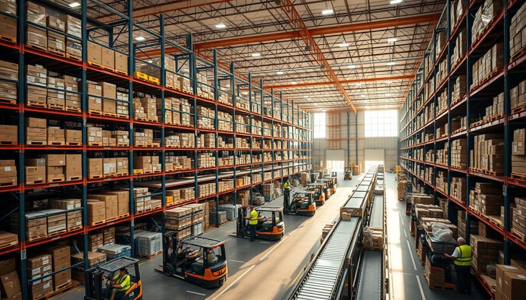 A vast, well-lit Amazon warehouse in the UK, bustling with activity. Rows of towering shelves filled with neatly organized products, workers in high-visibility vests efficiently moving between them. Forklifts and conveyor belts transport packages, creating a symphony of mechanical whirs and beeps. The atmosphere is focused yet energetic, with a sense of purpose and professionalism. Sunlight streams in through large windows, casting a warm glow over the scene. The camera captures a wide, panoramic view, highlighting the scale and efficiency of the warehouse operations.