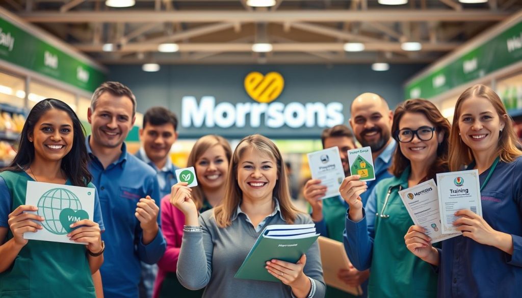 A vibrant, well-lit image showcasing the diverse employee benefits offered by Morrisons. In the foreground, a group of smiling Morrisons employees representing different departments - from the store floor to the warehouse, each holding or gesturing towards various benefit icons such as a health insurance card, a retirement plan booklet, and a training certificate. The middle ground features a blurred backdrop of a modern Morrisons store, with the iconic logo prominently displayed. The overall scene conveys a sense of professionalism, care, and the company's commitment to supporting its workforce. The lighting is warm and inviting, creating a welcoming atmosphere that highlights the value Morrisons places on its employees.