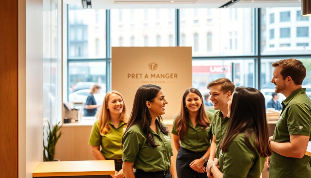 A well-lit, modern office interior with warm lighting and a clean, minimalist aesthetic. In the foreground, a group of smiling Pret A Manger employees, dressed in their distinctive green uniforms, engaged in a lively discussion. Midground features a Pret A Manger branded backdrop, showcasing the company's logo and branding. The background depicts an open, airy workspace with large windows overlooking a bustling city street. The overall scene conveys a sense of professionalism, teamwork, and the positive, welcoming atmosphere of a Pret A Manger location.