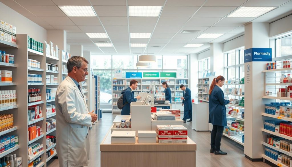 A well-lit, modern pharmacy interior with a warm, inviting atmosphere. The foreground features a pharmacist in a white coat assisting a customer at the counter, surrounded by neatly organized shelves of medication and healthcare products. The middle ground showcases a team of pharmacy technicians efficiently processing prescriptions, while the background depicts a spacious, clean, and bright workspace with large windows letting in natural light. The overall scene conveys a sense of professionalism, efficiency, and patient-centric care, highlighting the diverse career opportunities available in the pharmacy field at Boots UK.