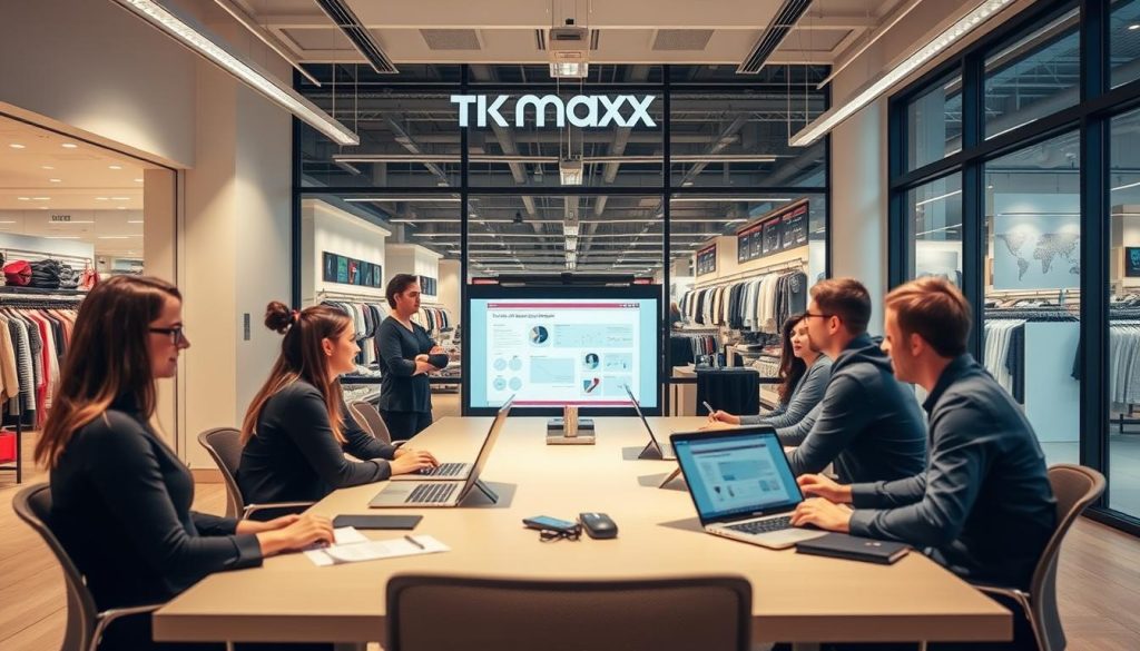 A well-lit, modern training room at a TK Maxx store. The foreground features a group of employees engaged in a interactive training session, with laptops and training materials on a large table. The middle ground shows an experienced trainer guiding the team, using a projection screen displaying diagrams and infographics. The background depicts the bright, open-plan layout of the store, with racks of clothes and shelves of home goods visible through large windows, conveying a sense of the store's vibrant retail environment. The lighting is warm and inviting, creating a professional yet approachable atmosphere conducive to effective learning and development.