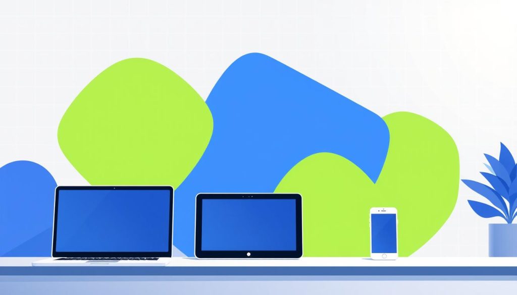 An ASDA careers application process depicted in a stylish, minimalist illustration. The foreground shows a modern desktop with a sleek laptop, tablet, and smartphone arranged neatly, suggesting the digital nature of the application. The middle ground features abstract geometric shapes in ASDA's signature blue and green colors, creating a clean, professional atmosphere. The background has a subtle grid pattern, evoking a sense of structure and organization. The lighting is soft and diffused, giving the scene a calming, inviting ambiance. The overall composition conveys an efficient, user-friendly application experience that is streamlined and accessible.