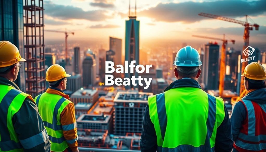 Balfour Beatty Careers - a dynamic construction site set against a vibrant urban skyline. In the foreground, a team of hardworking professionals in high-visibility gear oversee the progress of an ambitious building project. The middle ground features the iconic Balfour Beatty logo, standing tall and proud, signifying the company's commitment to excellence. The background is a panoramic view of the bustling city, with gleaming skyscrapers and cranes dotting the horizon, conveying a sense of growth and opportunity. The lighting is warm and inviting, highlighting the collaborative and energetic atmosphere of the Balfour Beatty workplace. An overall mood of progress, innovation, and a rewarding career experience.