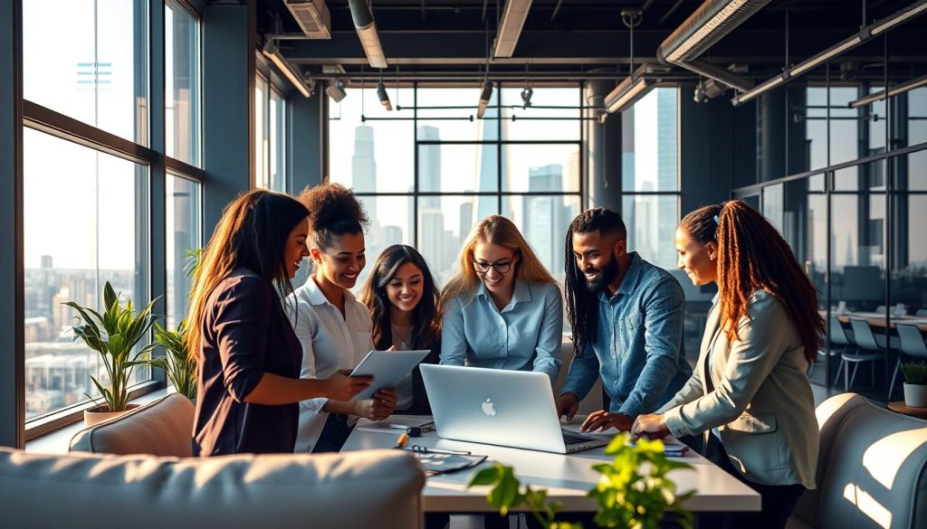 Prompt A vibrant office scene, bathed in warm lighting from large windows. In the foreground, a group of diverse tech professionals collaborating on a project, their expressions focused and engaged. In the middle ground, a sleek, open-concept workspace with modern furniture and cutting-edge technology. The background features a cityscape with towering skyscrapers, hinting at the dynamic, fast-paced nature of the tech industry. The overall atmosphere conveys a sense of innovation, creativity, and the rewarding experiences of working in the tech field.