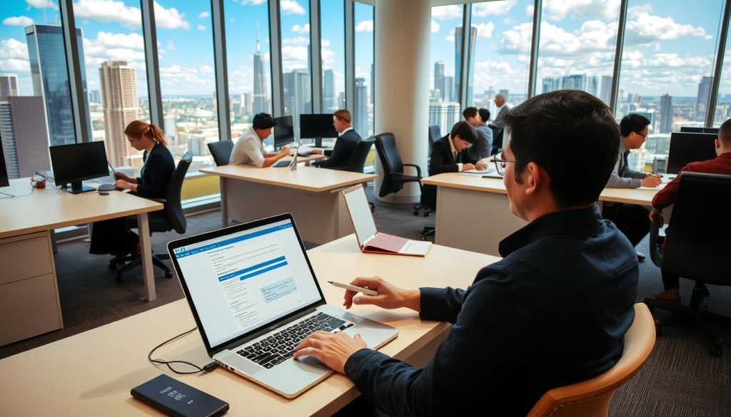 a professional office environment with multiple desks, chairs, and computer workstations. in the foreground, a person is sitting at a desk, filling out an application form on a laptop. the middle ground features several other employees engaged in various tasks, such as typing on keyboards, taking notes, and collaborating on projects. the background showcases floor-to-ceiling windows, providing a view of a vibrant city skyline with skyscrapers and a blue sky with fluffy white clouds. the lighting is bright and natural, creating a warm and productive atmosphere. the overall scene conveys the hustle and bustle of a dynamic workplace, with a focus on the application process for a new position at the company.